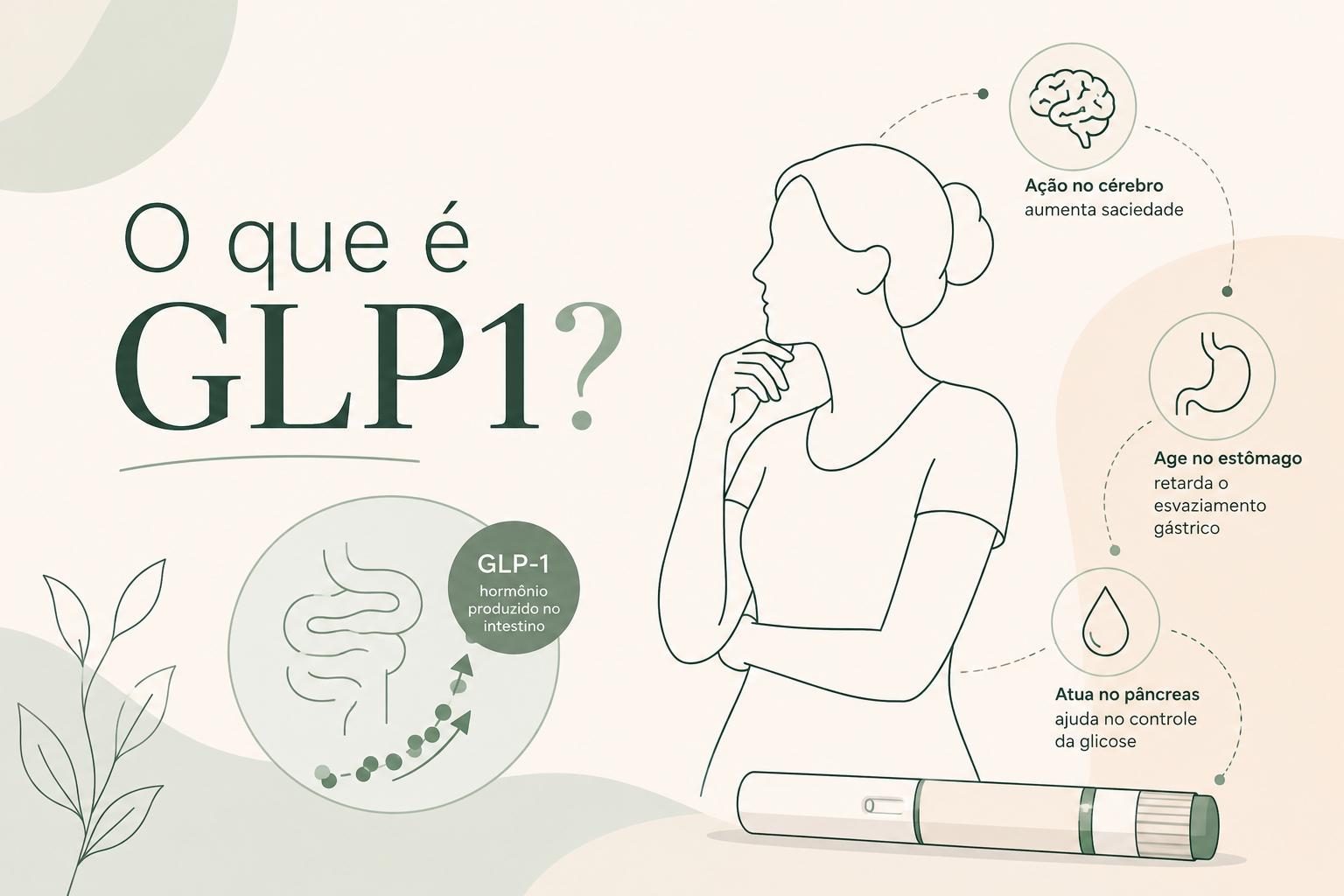 Ilustração simples mostrando o intestino liberando o hormônio GLP-1 após uma refeição, com sinais chegando ao cérebro e ao pâncreas